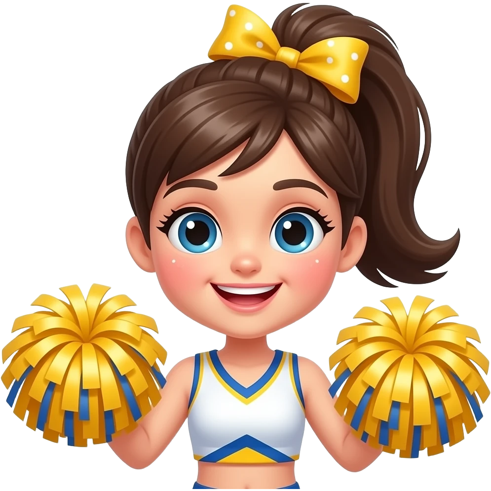 girl has her hair in a high ponytail, tied with a brightly colored bow, and has a little glitter at the corners of her eyes. She's holding cheerleading pom-poms and looks cheerful. emoji