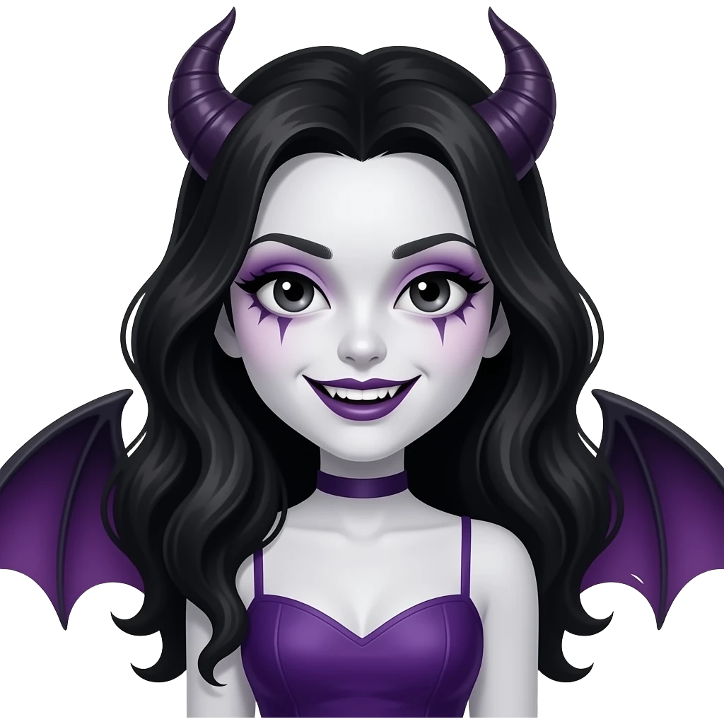 a ghotic succubus, ghotic makeup, arm wavy black hair, white skin, and purple details,little pruple dress, black eyes iris, big teeths, sedutive emoji
