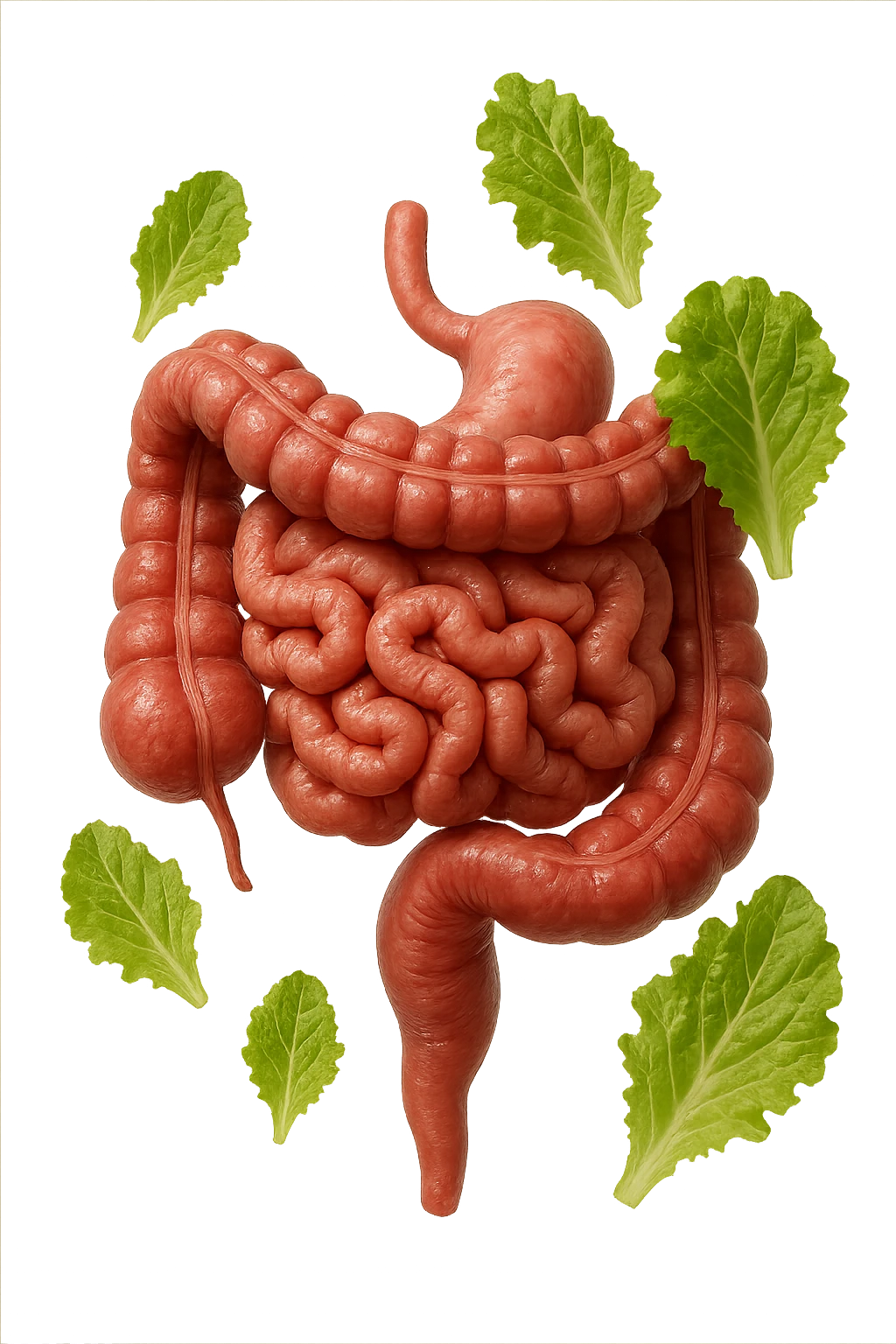 INTESTINO ANATOMICO UMANO REALISTICO INSIEME A FOGLIE DI INSALATA CHE FLUTTUANO IN ARIA, IPERREALISTICO 4K emoji