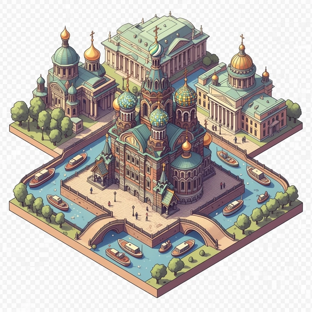 Isometric illustration of Saint Petersburg with the Church of the Savior on Spilled Blood and canals, toy boats and bridges, in pastel miniature diorama style, transparent background emoji