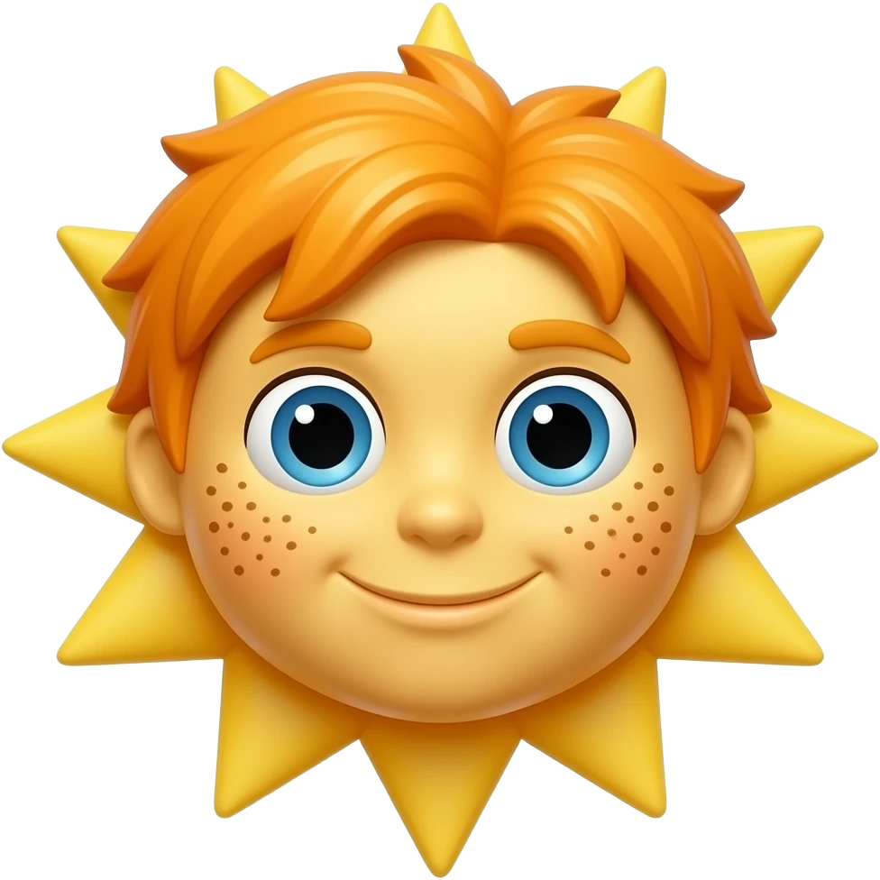 Солнце с лицом, усыпанным веснушками и с рыжими волосами emoji