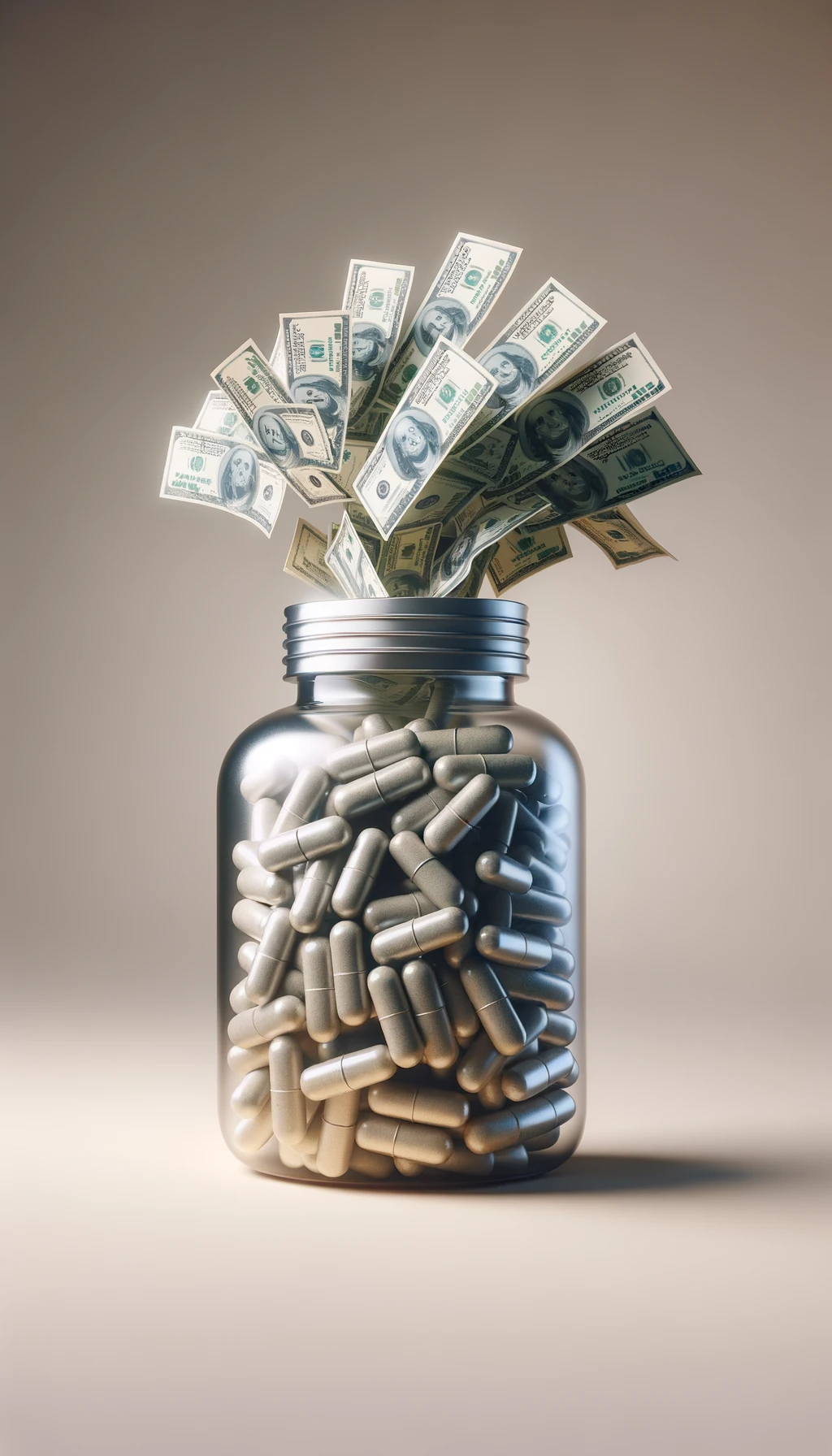 boccetta di integratore fluttua in aria, dalla boccetta aperta escono delle banconote, sfondo neutro chiaro, iperrealistico 4k emoji