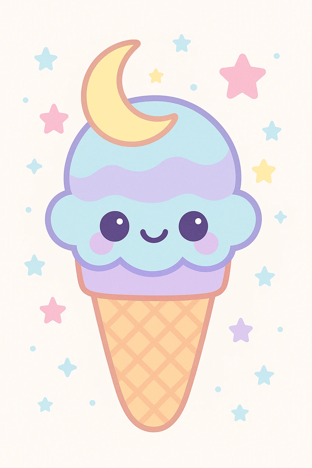 Add a cone with stars to the moonbeam ice cream, keep kawaii style, smiling face, stars, blue and purple hues, emphasizing cuteness and charm. emoji