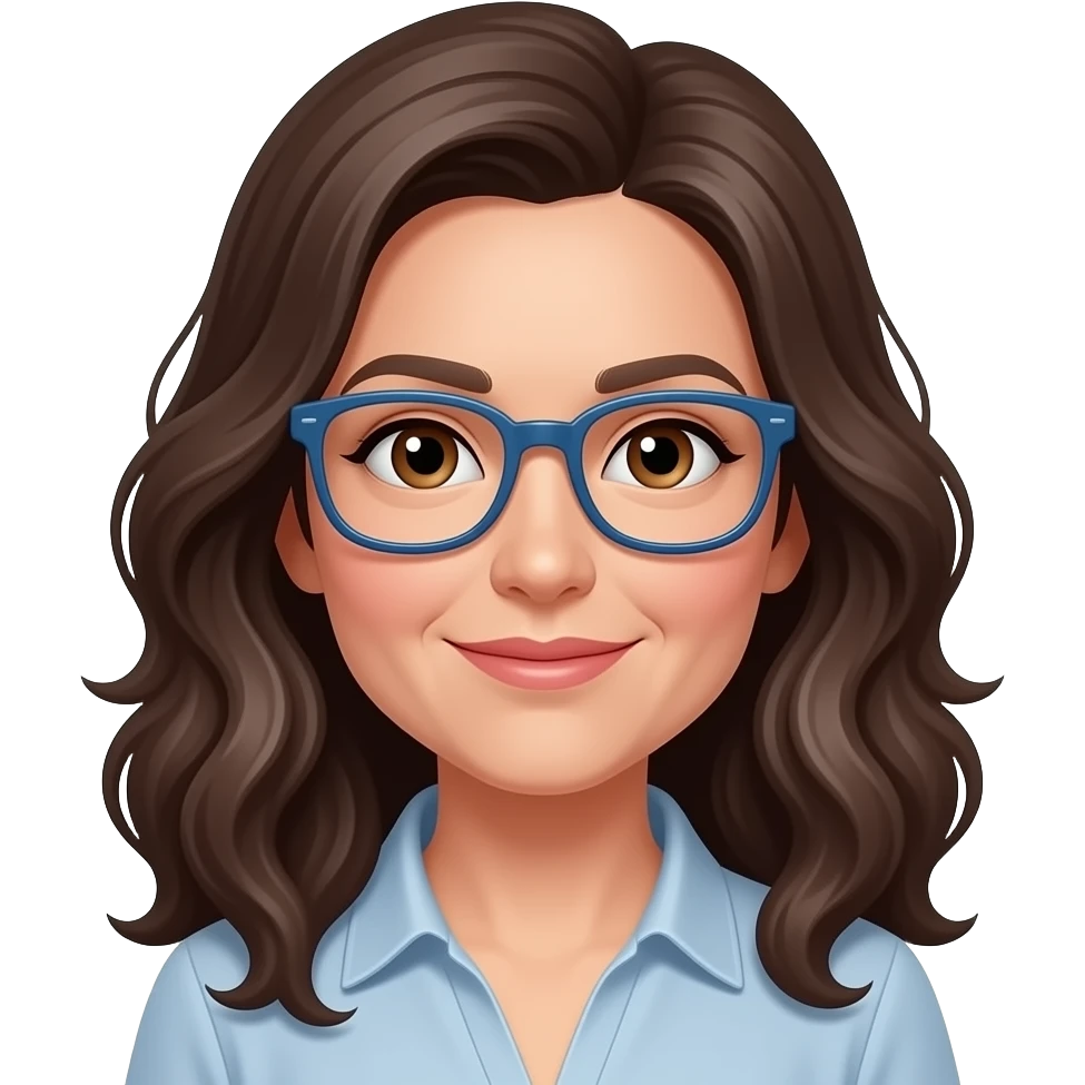 woman in her late 40s, peachy white skin, light brown eyes, dark brown long curly hair with a little bit of grey hair), blue glasses emoji