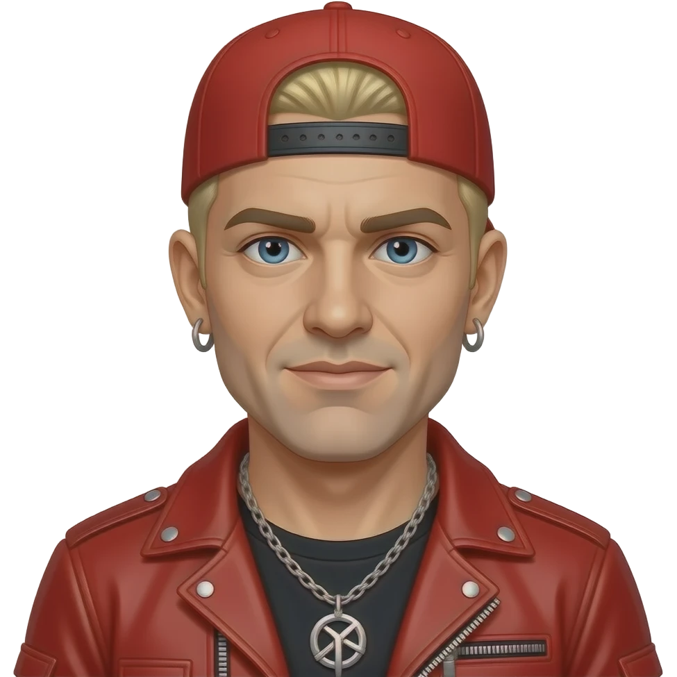 Fred Durst with blue eyes, blonde buzz cut hair, red cap, red nu-metal outfit, earrings and necklace emoji