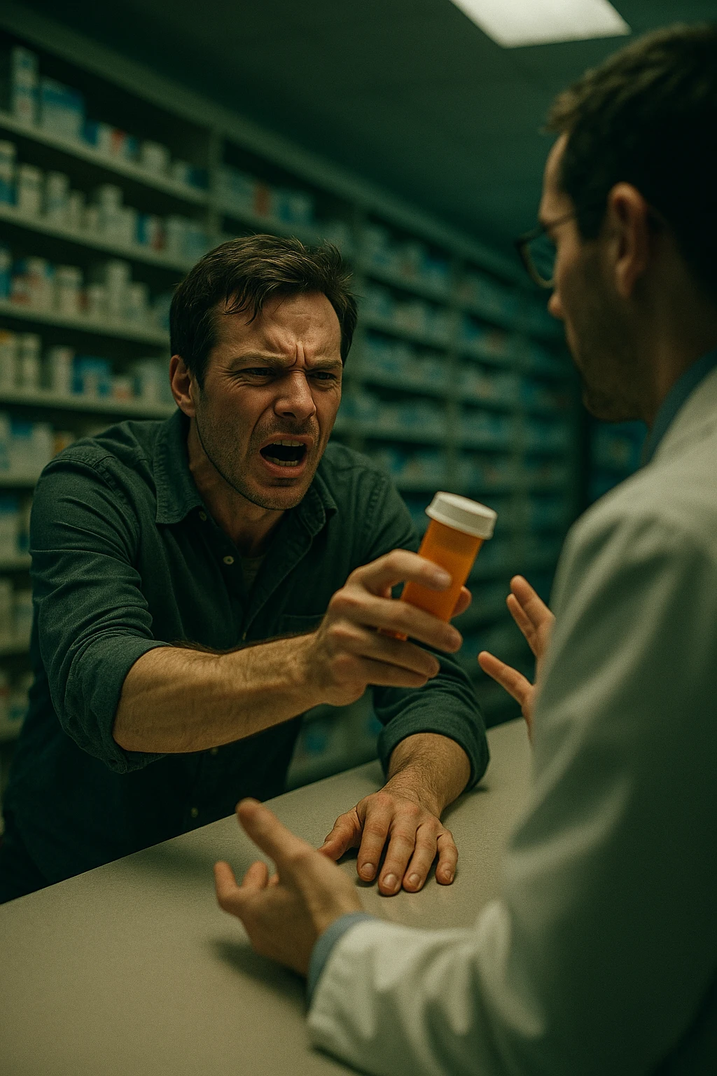 Cinematic Frustrated man at pharmacy counter demanding immediate pain relief medication, expression of impatience wanting instant symptom elimination, ignoring pharmacist's questions about underlying causes, grabbing prescription bottle eagerly, symptom suppression taking priority over healing, modern medicine aisle promising quick fixes for complex health problems" in italiano emoji