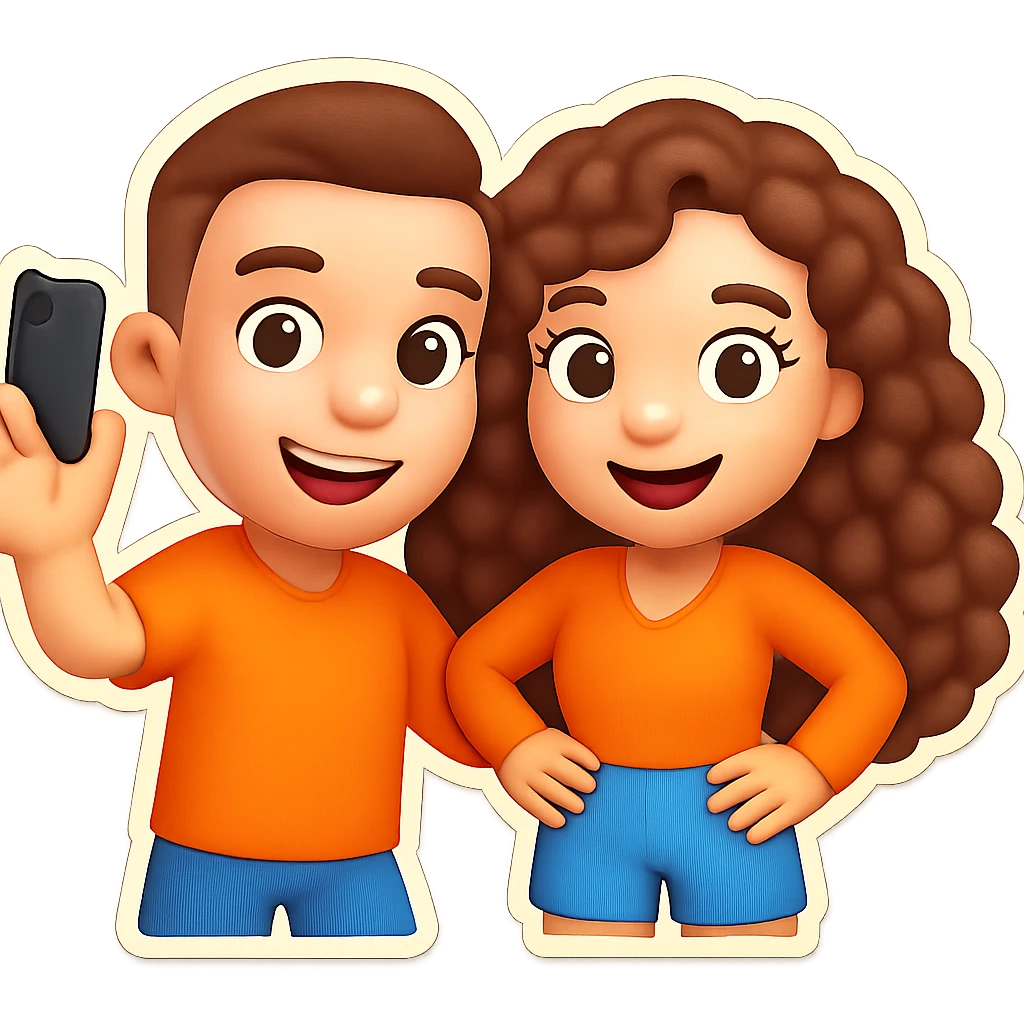3D cartoon male and female characters with white skin and brown hair; male with short fade haircut, female with long natural curls, posing together for a playful selfie in a Bitmoji-like style, suitable for emoji use, transparent background. emoji