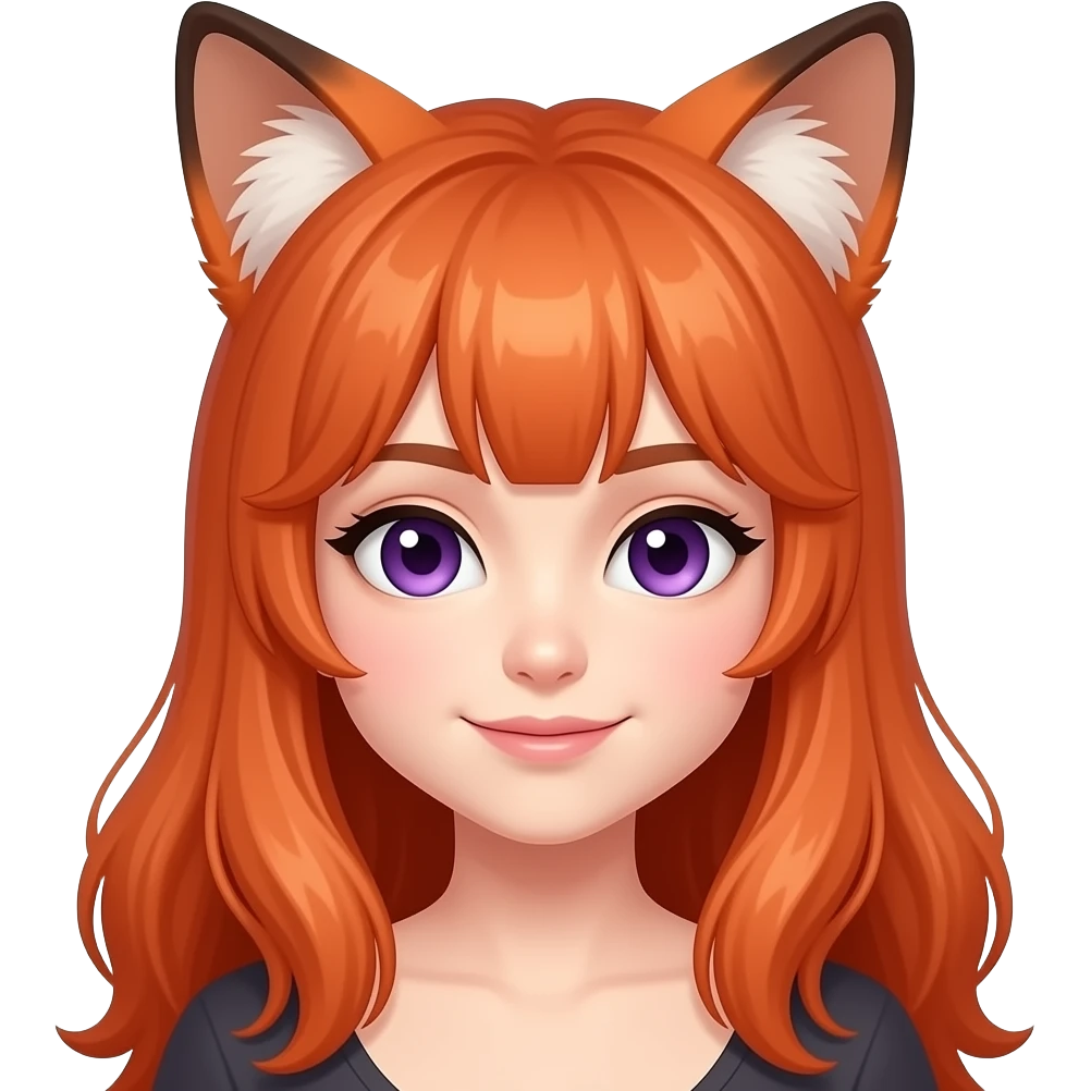 cabelo comprido laranja escuro, orelhas de raposa a condizer, olhos roxos profundos emoji