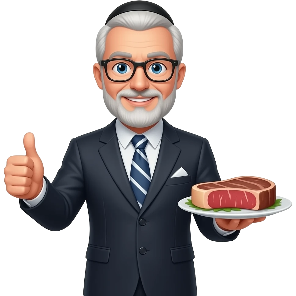 White man in nice suit with black kippa and glasses full body giving thumbs up and serving a steak emoji