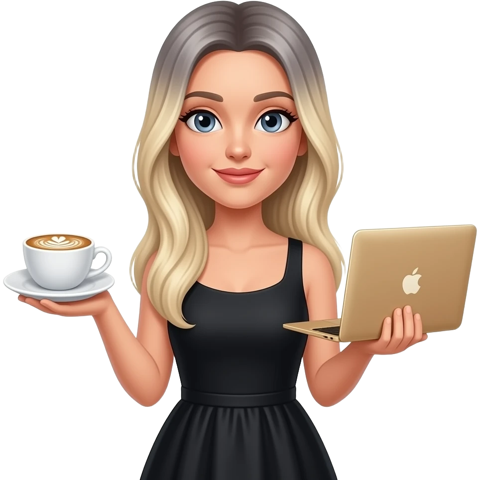 grey eye woman, In black dress, with long straight blond hair down to the back of the back,  with light ombré hair with late art coffee and MacBook gold in other hands emoji