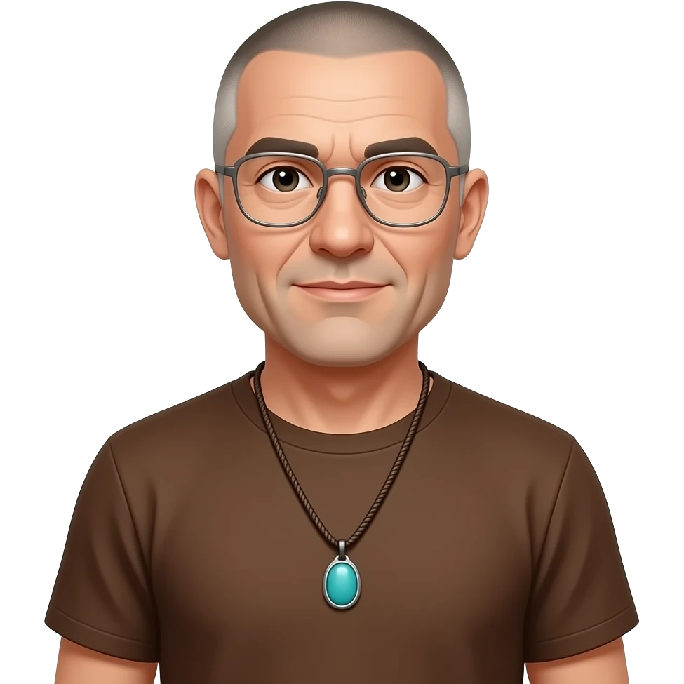 pointed chin indifferent pointed chin haved face pendant Turquoise on brown paracord t shirt shaved short hair full-length photo of extreme streetwear clean-shaven face cool boy thin metal-framed glasses ery entellectual man, 60 years old, street wear stubble, shaved short with clippers emoji