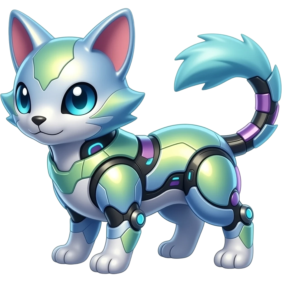 Shiny exotic animalistic feral Colorful glowing glossy smooth soft silky Futuristic Cyber-Vernid-Trico-Meloetta-Latias-Koraidon-Peppercat-Protogen-Pokémon-Digimon-Fakémon-fusion-hybrid-creature emoji