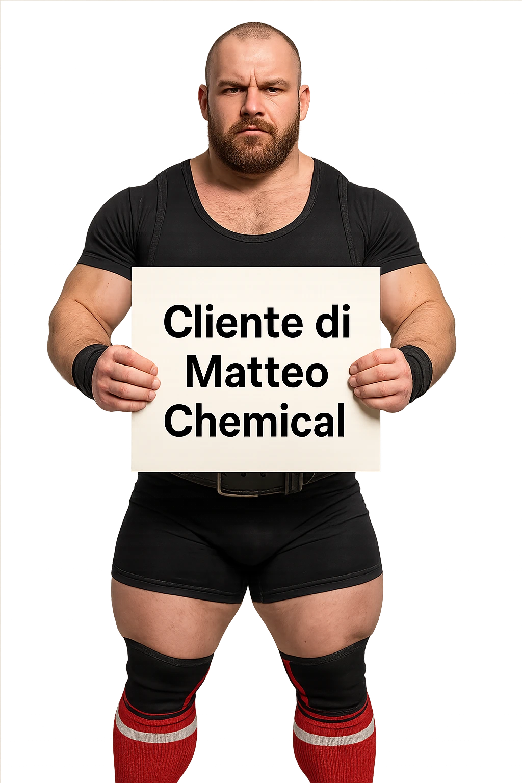 Powerlifter con in mano una targa o un foglio con scritto "Cliente di Matteo Chemical" emoji