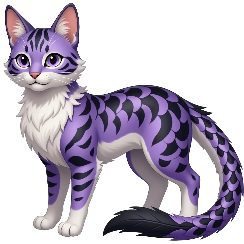 Plaid-patterned Slim stylish feather-maned elegant realistic Asian Furry, feathery fluffy tropical flecked painted feathery scaly, Purple, white, black, Minccino-Bambino-Lykoi-Linoone-Zangoose-fusion-hybrid-animal-Fakémon-creature, full body, thin long sleek scaly tail, intricate markings emoji