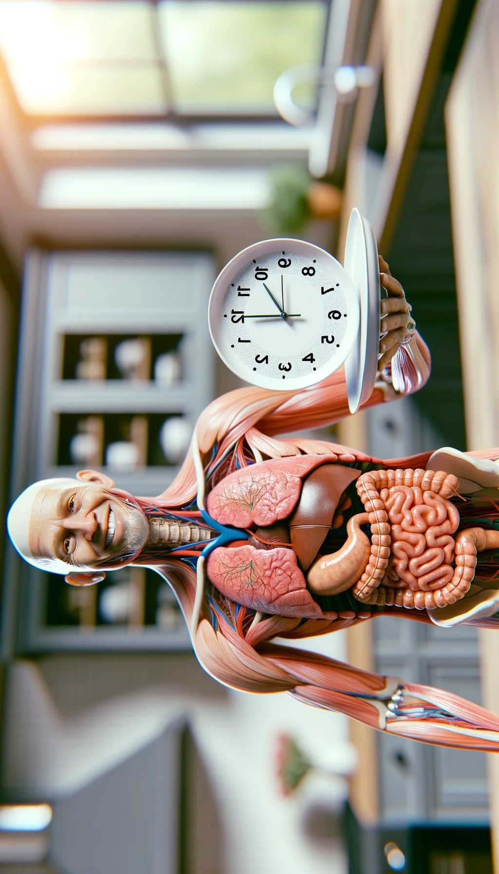 corpo umano anatomico con colori realistici e intestino in evidenza, che tiene in mano un piatto bianco con la lancette di un orologio sopra, figura visibile fino ai fianchi, espressione del volto soddisfatta, sullo sfondo la sua cucina sfocata con toni chiari neutri, iperrealistico 4k emoji