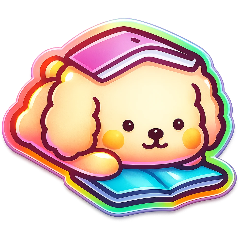 Transform the image into a WhatsApp sticker style with the cute dog holding a book on its head. Remove the background completely and add a white border around the dog for a sticker effect. emoji