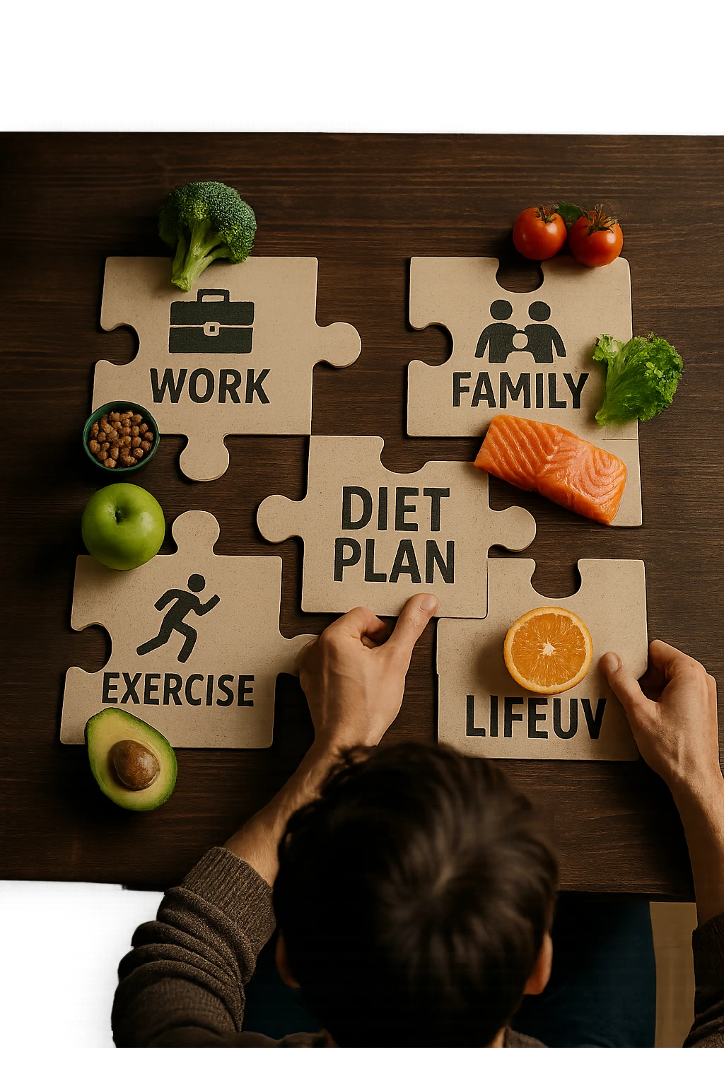 realistica cinematic photo a person is surrounded by puzzle pieces, each representing a different aspect of their life (work, exercise, family, leisure), and healthy foods are integrated into each piece. The person assembles the puzzle, creating a complete, personalized nutrition plan. The mood is uplifting and creative. in italiano emoji