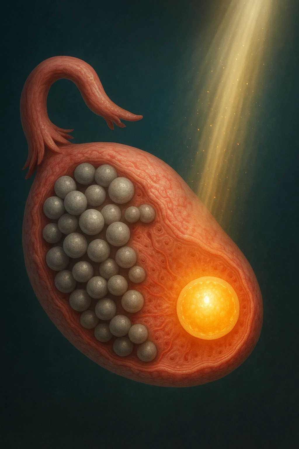 Scientific visualization of a polycystic ovary transforming. The ovary, initially filled with many small, dormant follicles like a cluster of grey pearls, begins to be nurtured. A focused, gentle light and nutrient-rich energy encourage one dominant follicle to mature and glow with a healthy, golden light, symbolizing successful preparation. emoji