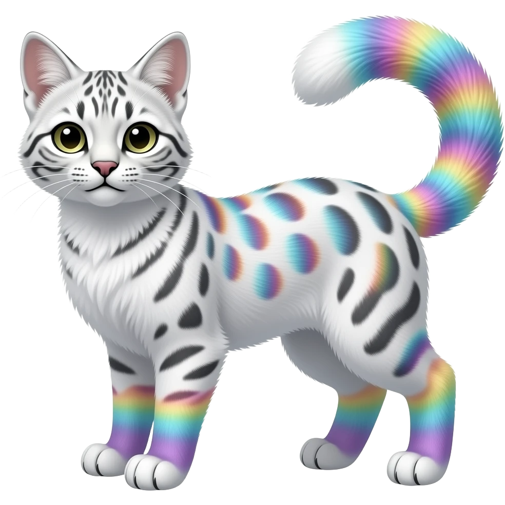 White soft silky smooth vernid-Civet-Genet-Bobcat-Caracal-Serval-animal-hybrid-mix fantasy creature LiLaiRa Kamirah Falvie whiskers paws full body with colorful gradient iridescent patterns fur markings and with a long thin tufted tail feline emoji