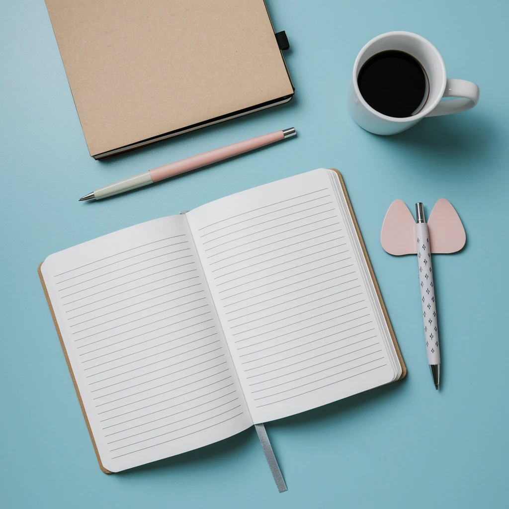 minimalist style open notebook spread, simple pen with ears on the side, transparent background emoji