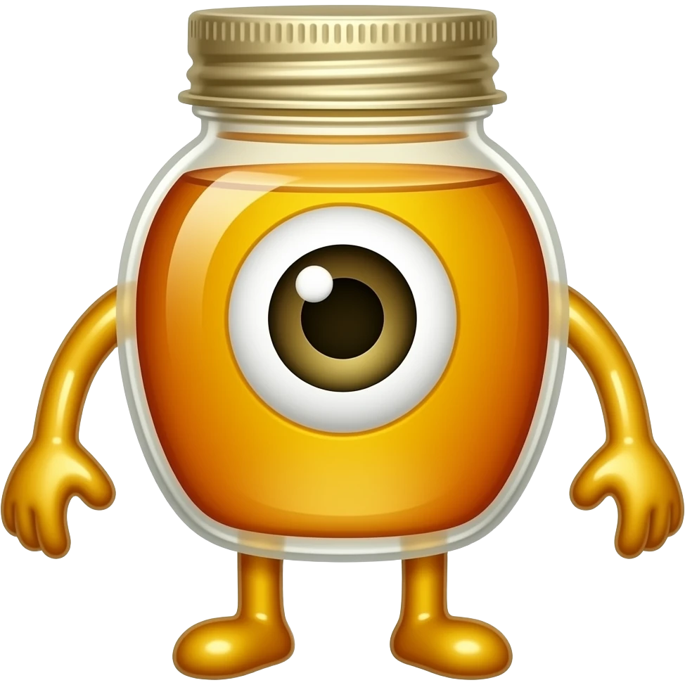 A honey bottle with one single eye and legs and arms with yellow eyes emoji