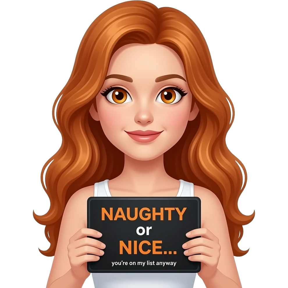 sexy girl with long wavy ginger hair and ginger eyes wearing a white tanktop is holding a black colored sign with NAUGHTY or NICE... you're on my list anyway written on it emoji
