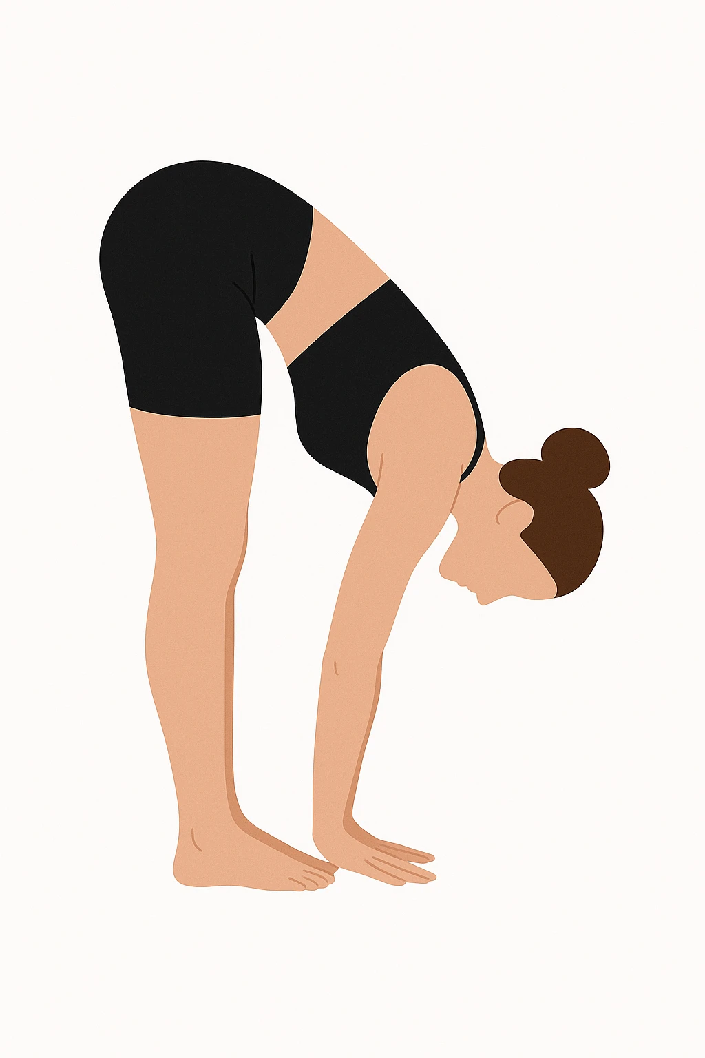 Minimalist flat vector illustration of a woman doing yoga in forward fold pose (Uttanasana), wearing sportswear (black top and black shorts), brown hair in a bun, clean white background, no face details, elegant style emoji