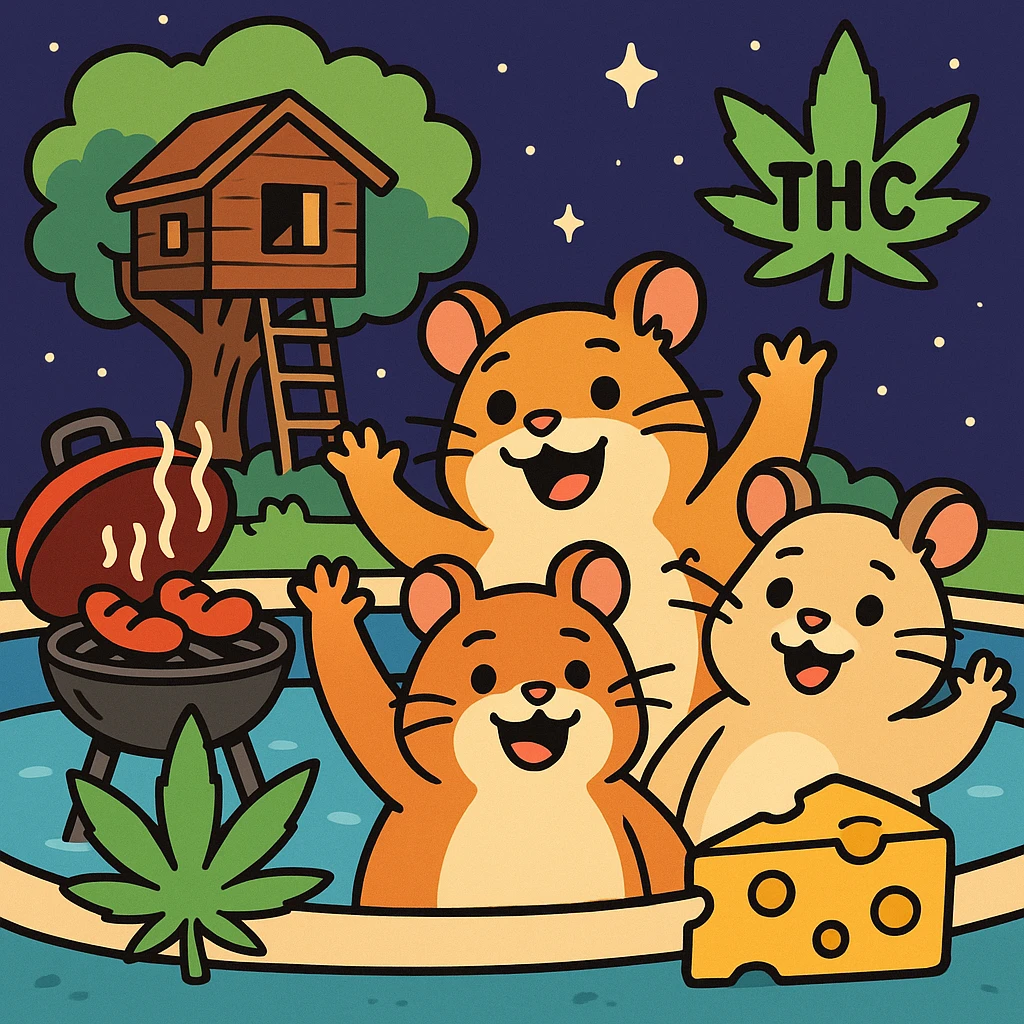 Discord server icon, 512x512 px, square format, summer pool cookout scene with up to 3 hamsters waving and smiling, weed leaf, cheese, and THC theme, near a treehouse, in space. Flat toon style, more saturated colors, bold outlines, nostalgic, fun, inviting, summer party vibe, clear composition, crisp details, designed to look good even at tiny size. emoji