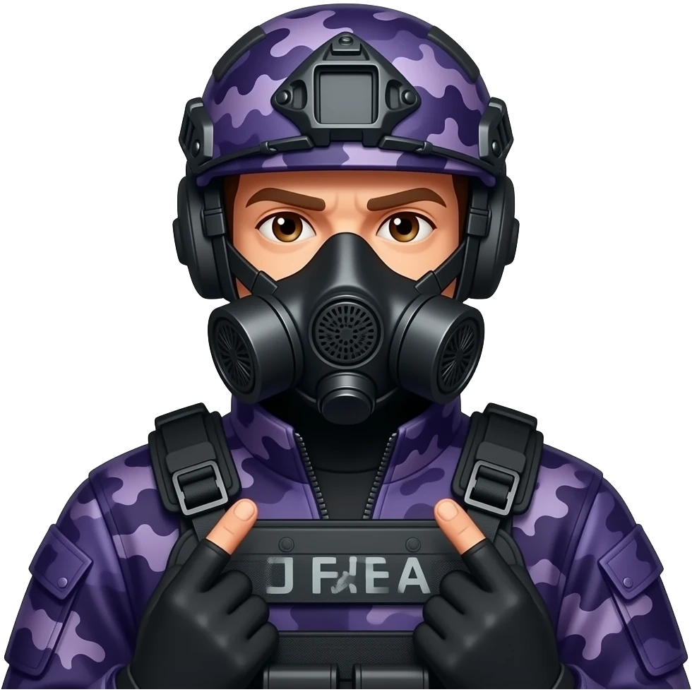 Man with two middle fingers in dark purple camoflage tactical gear helmet full face dark purple gasmask emoji