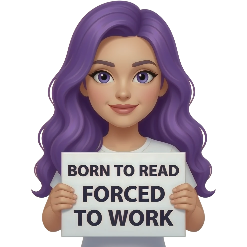 sexy girl with long purple hair holding a BORN TO READ FORCED TO WORK sign emoji
