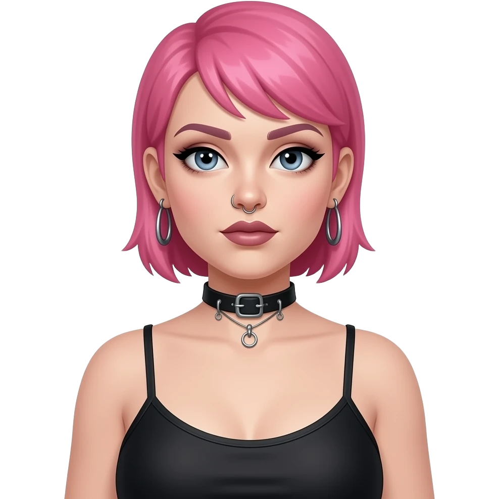 Chubby goth style woman with short buzzcut pink hair full body, earrings, nose ring. Wearing a spaghetti straps halter top emoji