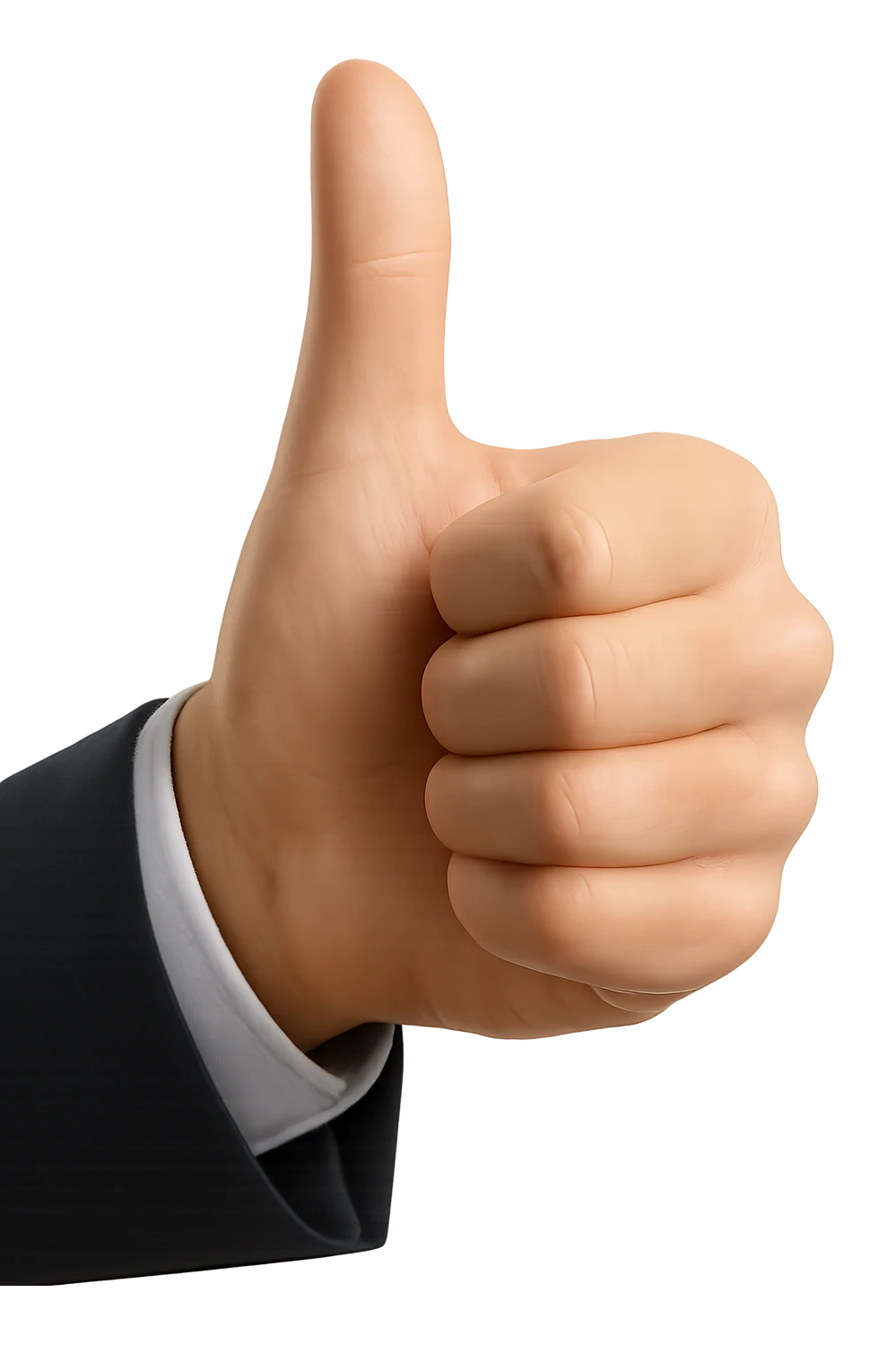 Edit the image to make the hand and sleeve about 80% realistic, blending realism with emoji style. Keep the natural, light tan skin tone and the suit sleeve visible. Only show the hand giving a thumbs up and the sleeve, with a transparent background. emoji