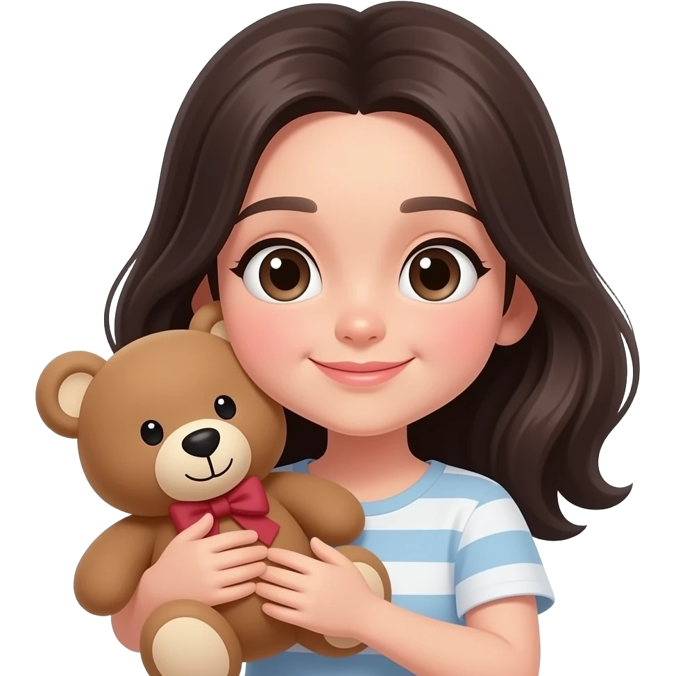 Young adult girl with light skin and dark hair cuddling a stuffed teddy bear emoji