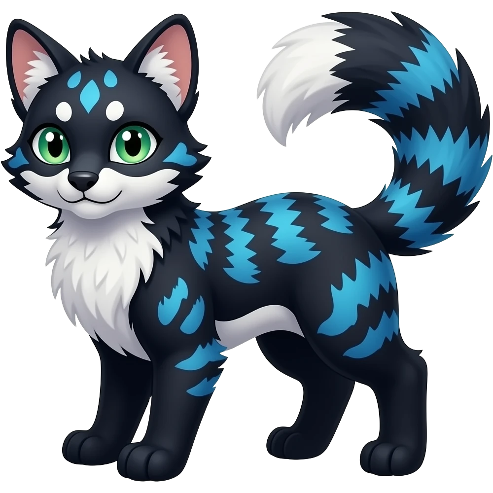Colorful dark tropical gradient-colored cobalt-blue, black, white fur, with green eyes, iridescent glorious divine exotic cute cool beautiful shiny fantasy-civet-genet-vernid-Cacomistle-Furret-civet-oncilla-animal-Fakémon-hybrid-fursona with pattern markings (full body) emoji