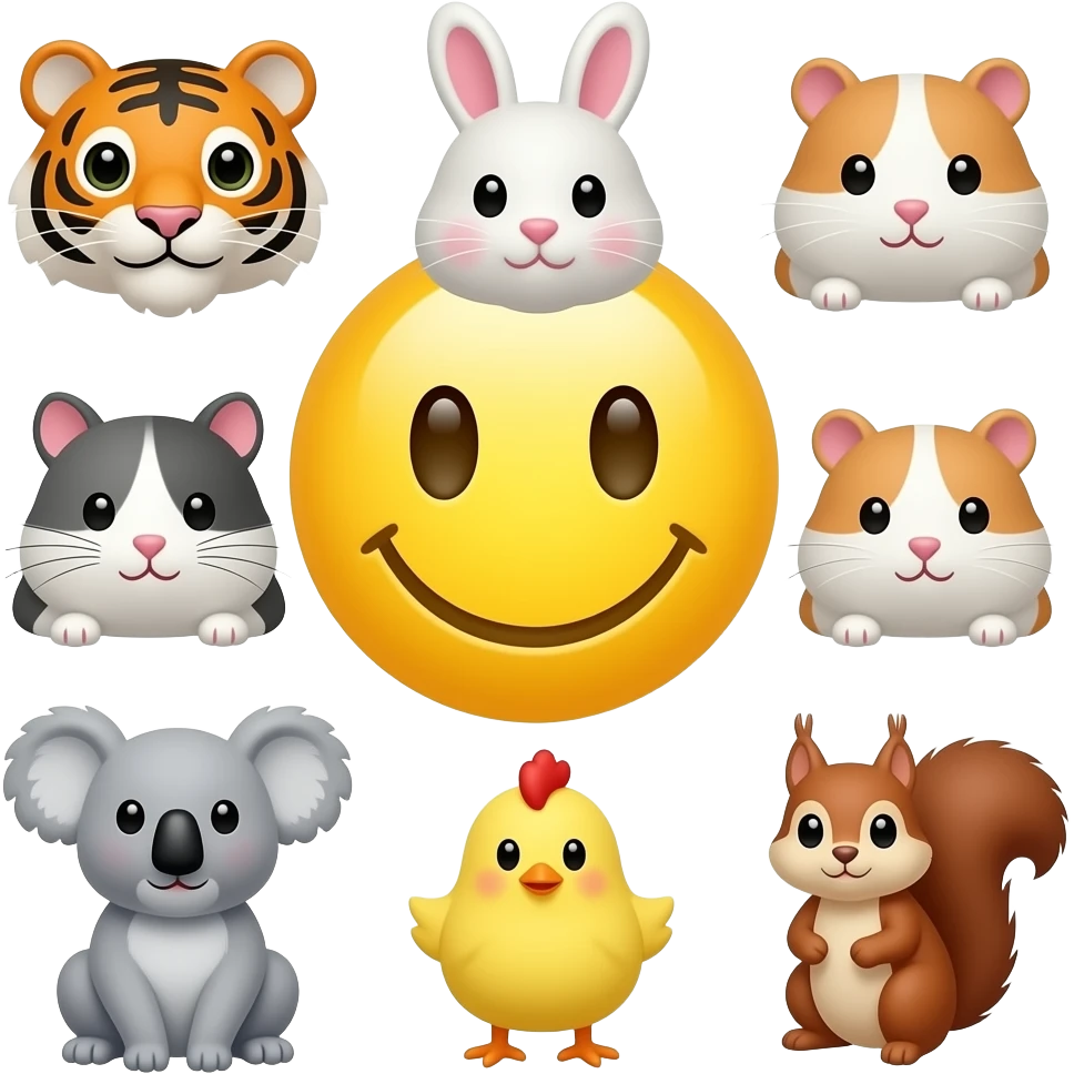emoji yellow smiley with 🐯🐰🐹🐱🐨🐥🐿 emoji