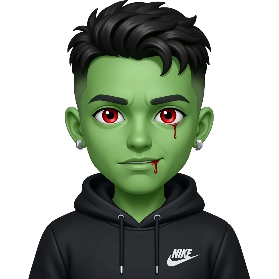 zombie boy with nice green skin with a taper fade that looks like 4c type hair and a black nike tech hoodie with red bloody eyes and square diamond stud ears with c cups emoji