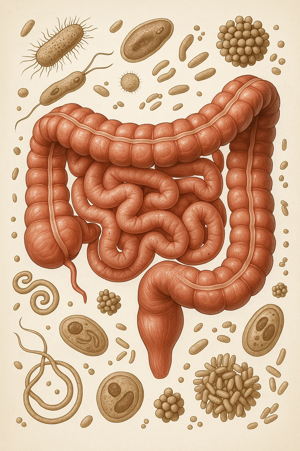 INTESTINO UMANO ANATOMICO CON BATTERI E PARASSITI INTORNO, SFONDO CHIARO NEUTRO, IPERREALISTICO 4K emoji