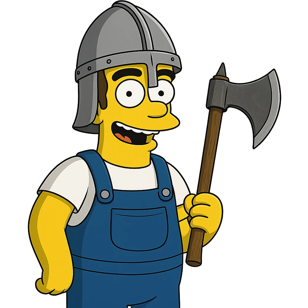 Regenerate the image keeping the same angle, facial expression, clothing, and size proportions of the character. Add a realistic one-handed medieval axe held in the character's hand and a helmet. Maintain the style of The Simpsons. Transparent background. emoji