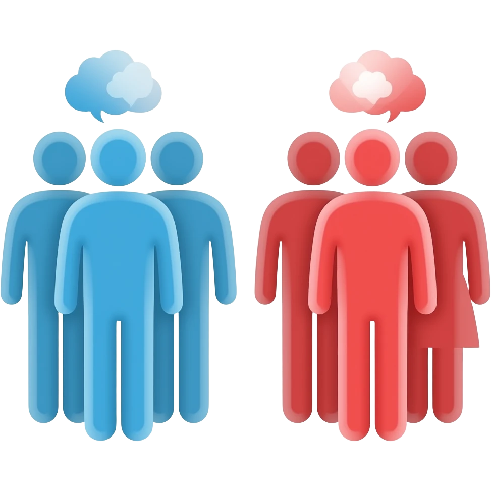 Minimalist flat design icon of two groups of people facing away from each other, representing social and political division, clean and simple style, soft gradient (blue and red), no text emoji