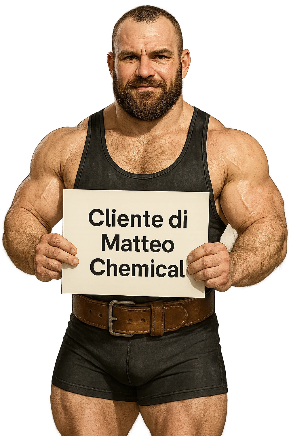 Powerlifter con in mano una targa o un foglio con scritto "Cliente di Matteo Chemical" emoji