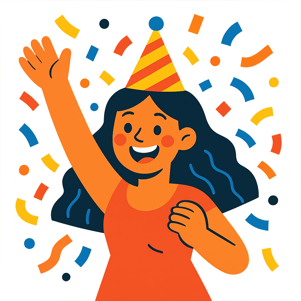 happy party girl, vibrant and festive, confetti, smiling, party hat emoji