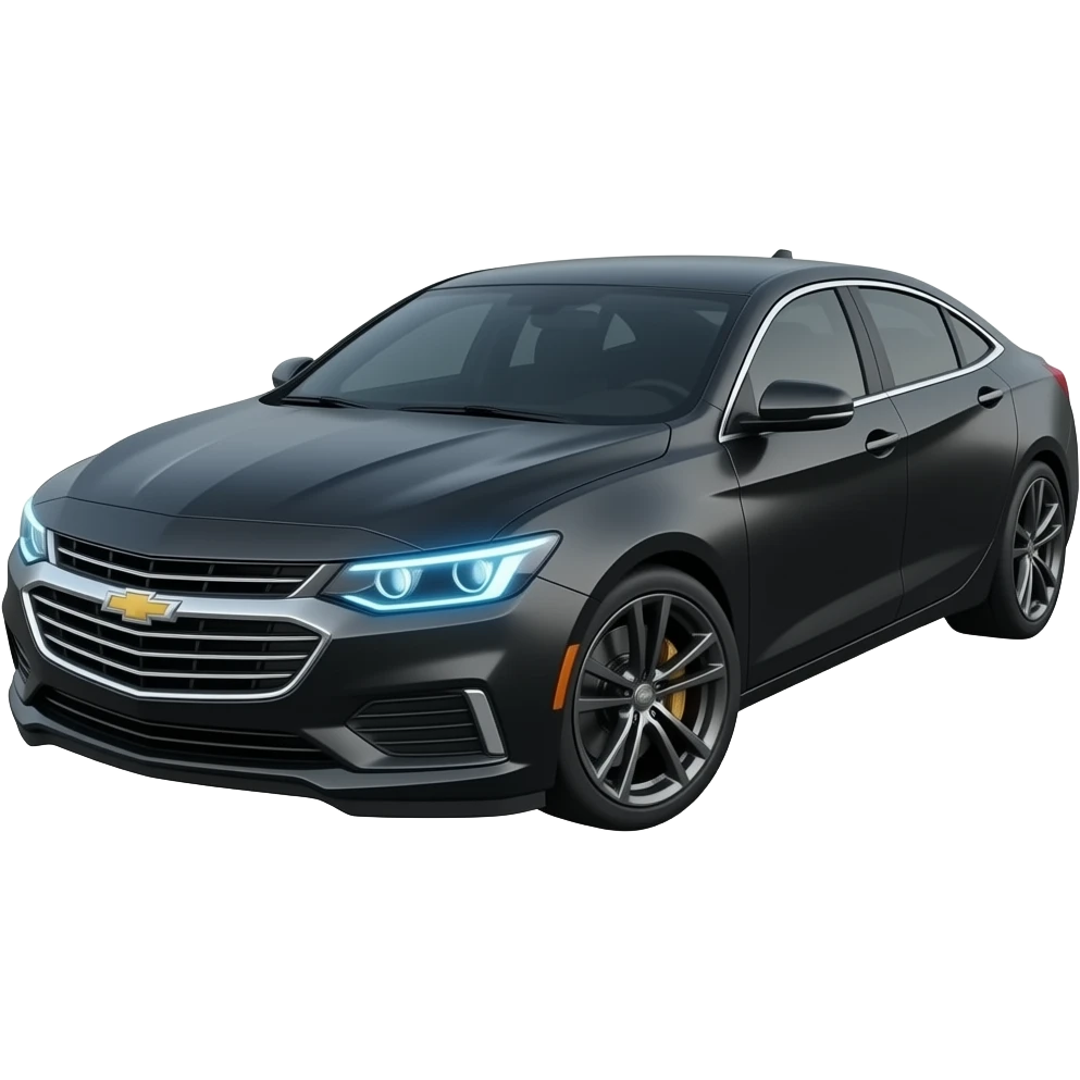 A realistic 3D emoji of a glossy black Chevrolet Malibu Premier, blackout limousine tint windows, gloss black alloy rims, ice blue LED headlights with a sharp glowing halo, high-detail, glossy finish, isolated on white background. emoji