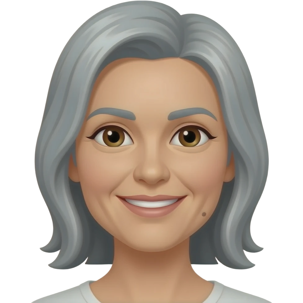 woman, brown eyes, elongated face shape, salt and pepper hair, shoulder lenght, splited from left side, mole on chin nor far from lip on left side, around 45 years, friendly smile emoji