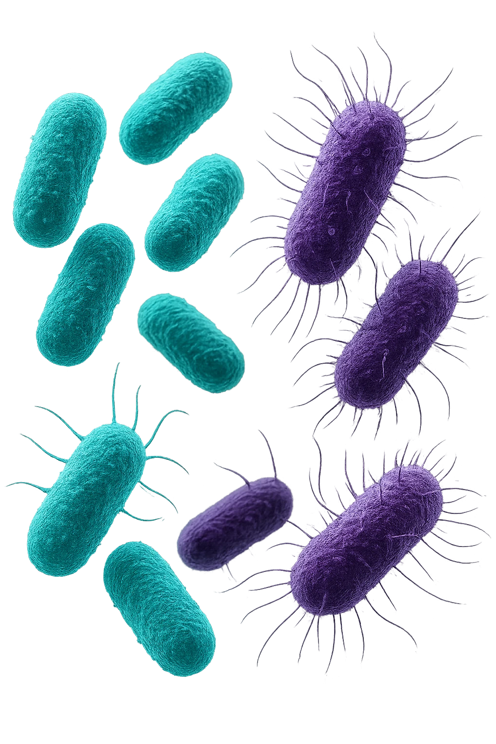 5 BATTERI BUONI E 5 BATTERI CATTIVI FLUTTUANO IN ARIA, I BATTERI BUONI FALLI TURCHESI, I BATTERI CATTIVI FALLI VIOLA, IPERREALISTICO 4K, NON DISEGNATO emoji