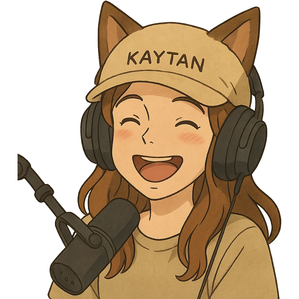 Anyme023 streamer wearing a Kaytan hat, ghibli style, joyful expression emoji