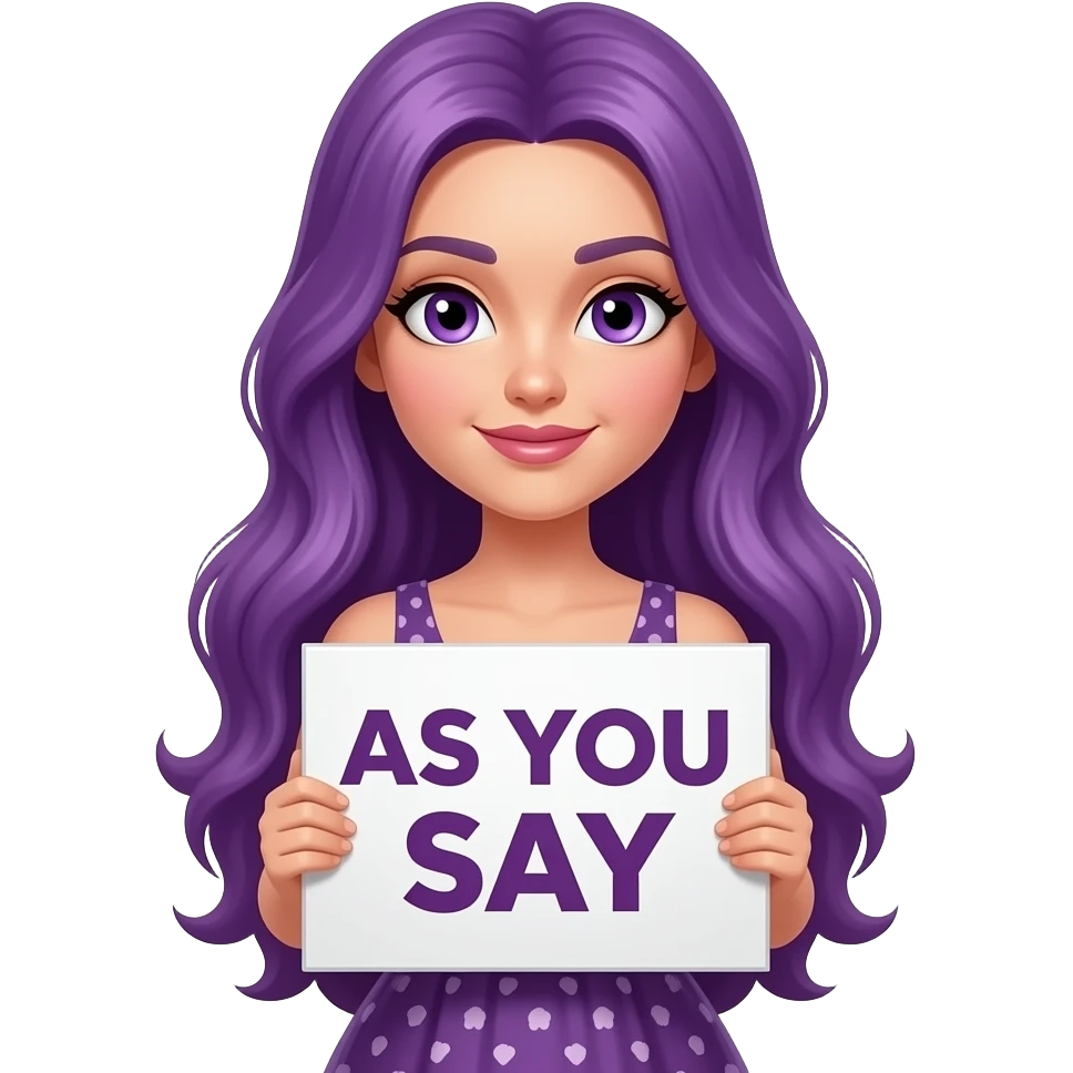 sexy girl with long purple hair and purple eyes wearing a dress holding a AS YOU SAY... sign emoji