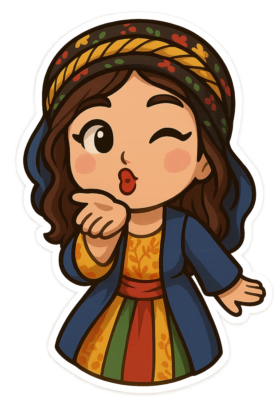 Cartoon sticker of a Kurdish woman in traditional Kurdish female clothing, colorful and cheerful, face sending a kiss (lips puckered, winking or eyes closed), one hand in front of mouth as if blowing a kiss, no shadows or color halos around the image, no text, suitable for WhatsApp and Instagram, fully transparent background. emoji
