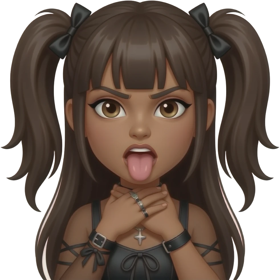 Angry Medium brown skin pretty gothic girl Choking self with hands around neck With tongue sticking out emoji