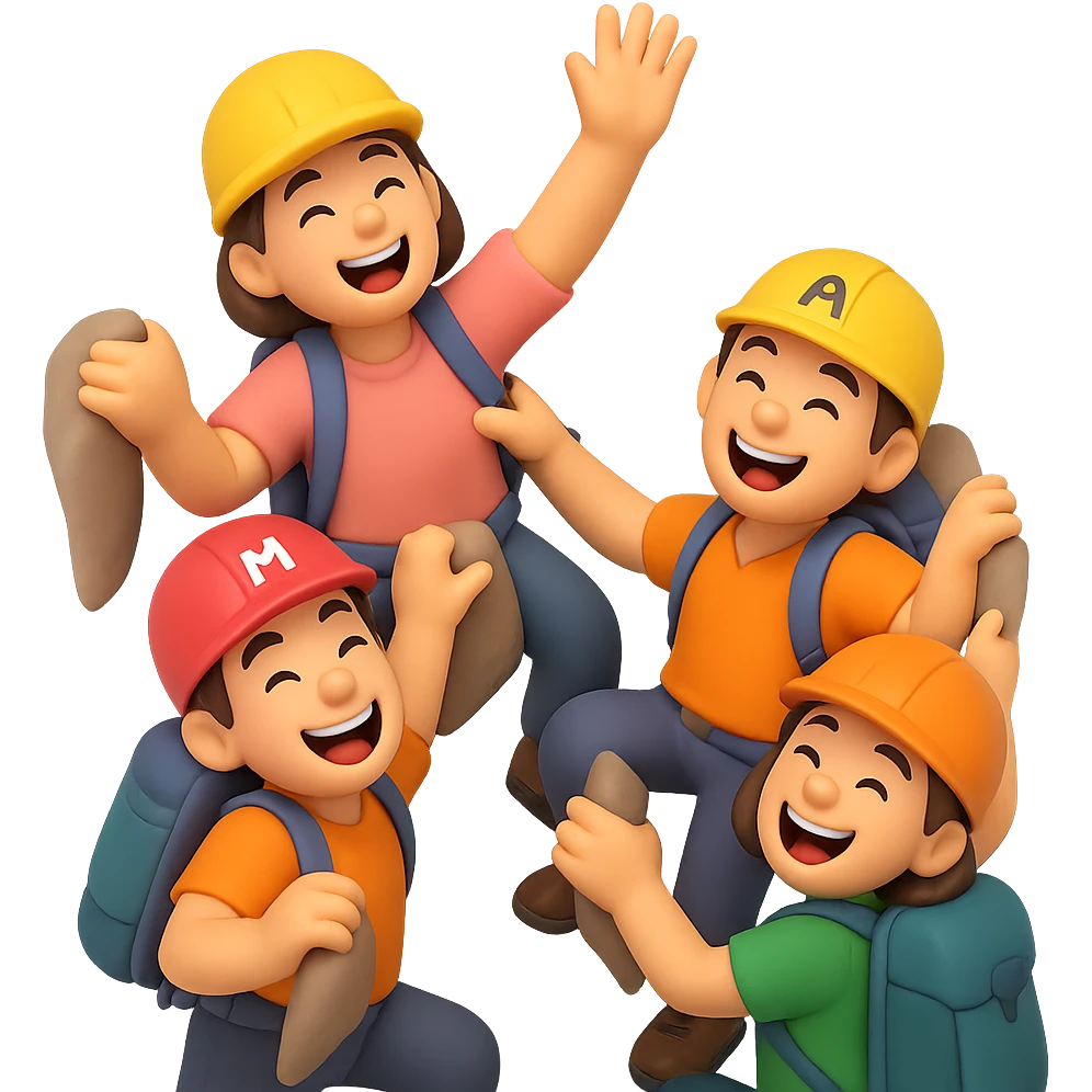Create a dynamic and fun group climb scene with several characters climbing together while laughing joyfully. The style should be 3D emoji style, capturing the playful and energetic mood. Remove the background to isolate the characters. emoji