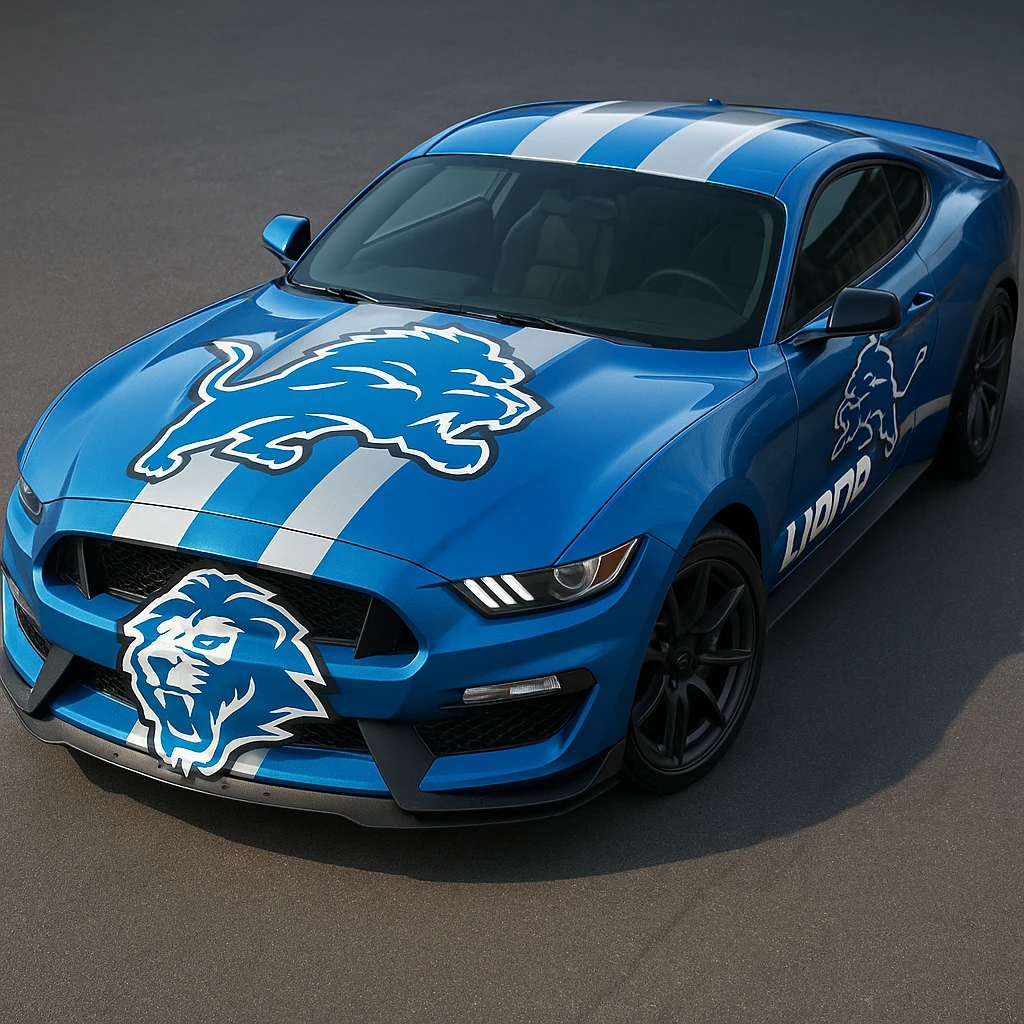 A Ford car decorated in Detroit Lions colors and logo, blue and silver, with a roaring lion emblem on the hood, sporty and bold. emoji
